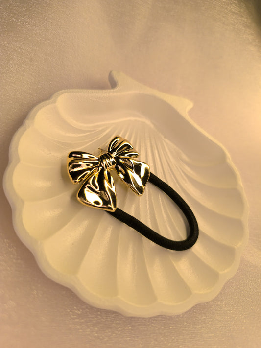 Golden Bow Charm Hair Tie – Luxe Glossy Finish