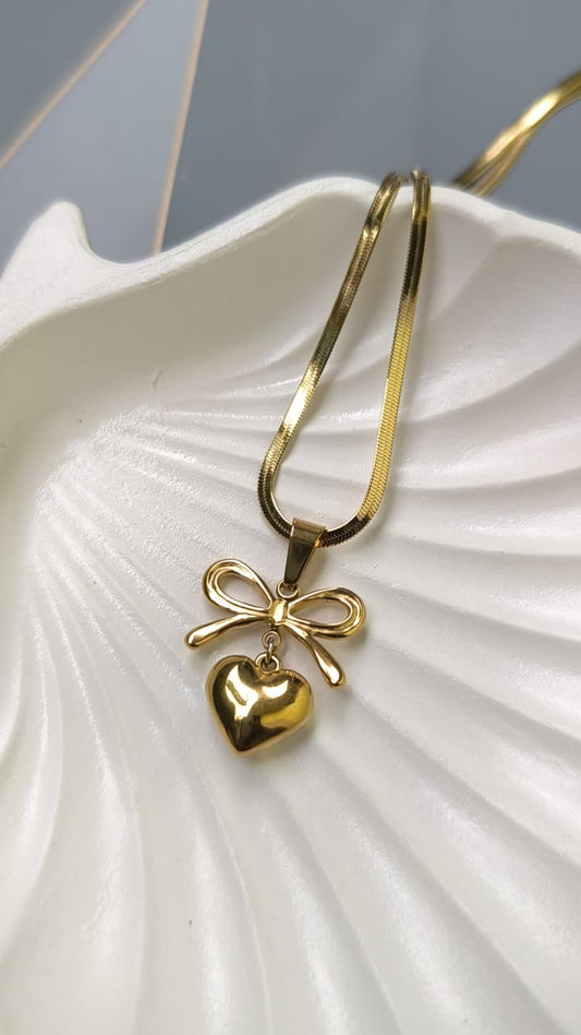Golden Bow Heart Pendant Necklace